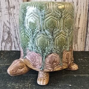 Napco Ceramic Tall Whimsy TURTLE Friend Planter Vase Textured Green
